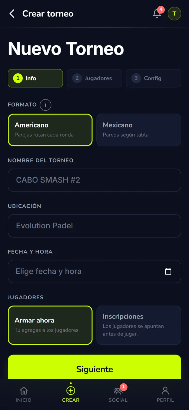 Pantalla de crear torneo en Padelina: formato Americano o Mexicano, nombre, ubicación y fecha