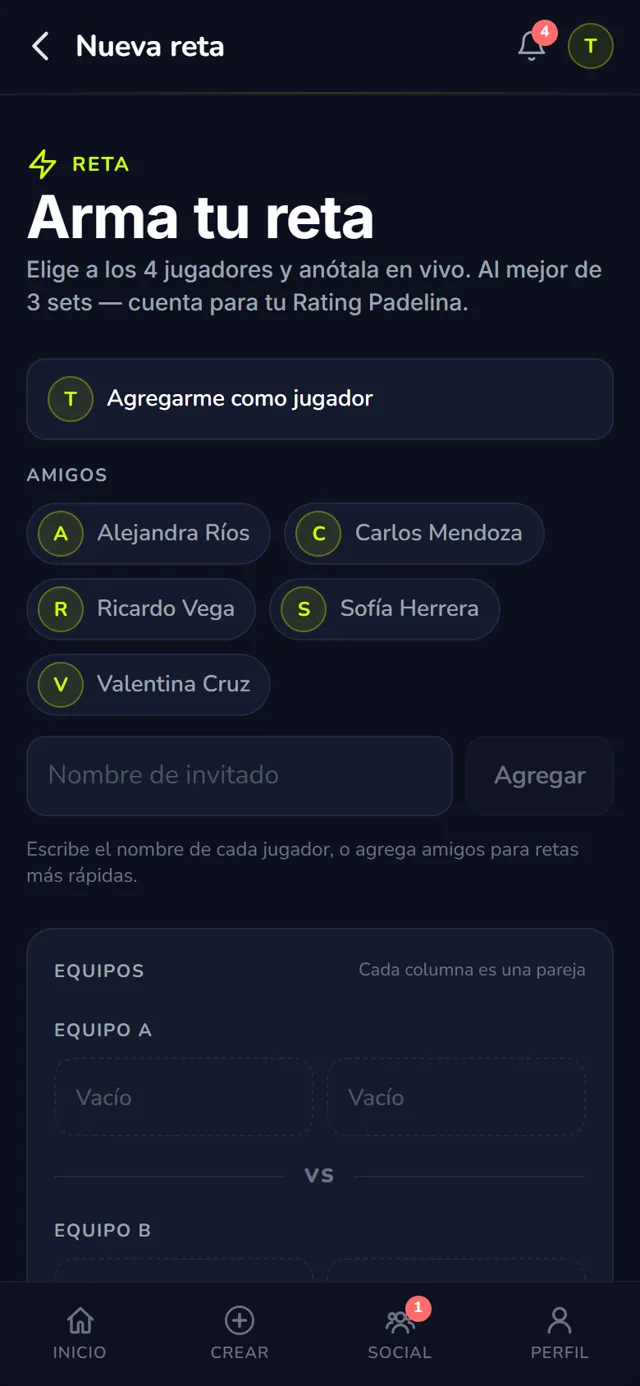 Pantalla Arma tu reta en Padelina: agregar los 4 jugadores desde tus amigos o por nombre
