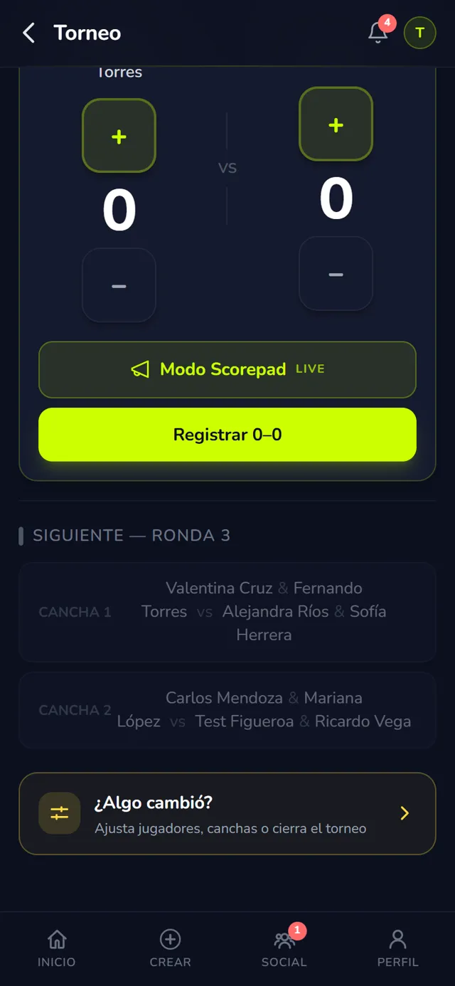 Torneo en vivo en Padelina: captura de resultado por partido y la siguiente ronda con canchas y parejas asignadas