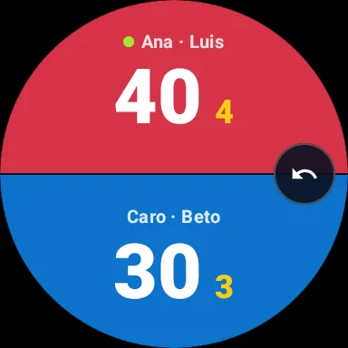El marcador de Padelina en un reloj Wear OS: score del partido con botones para anotar cada lado